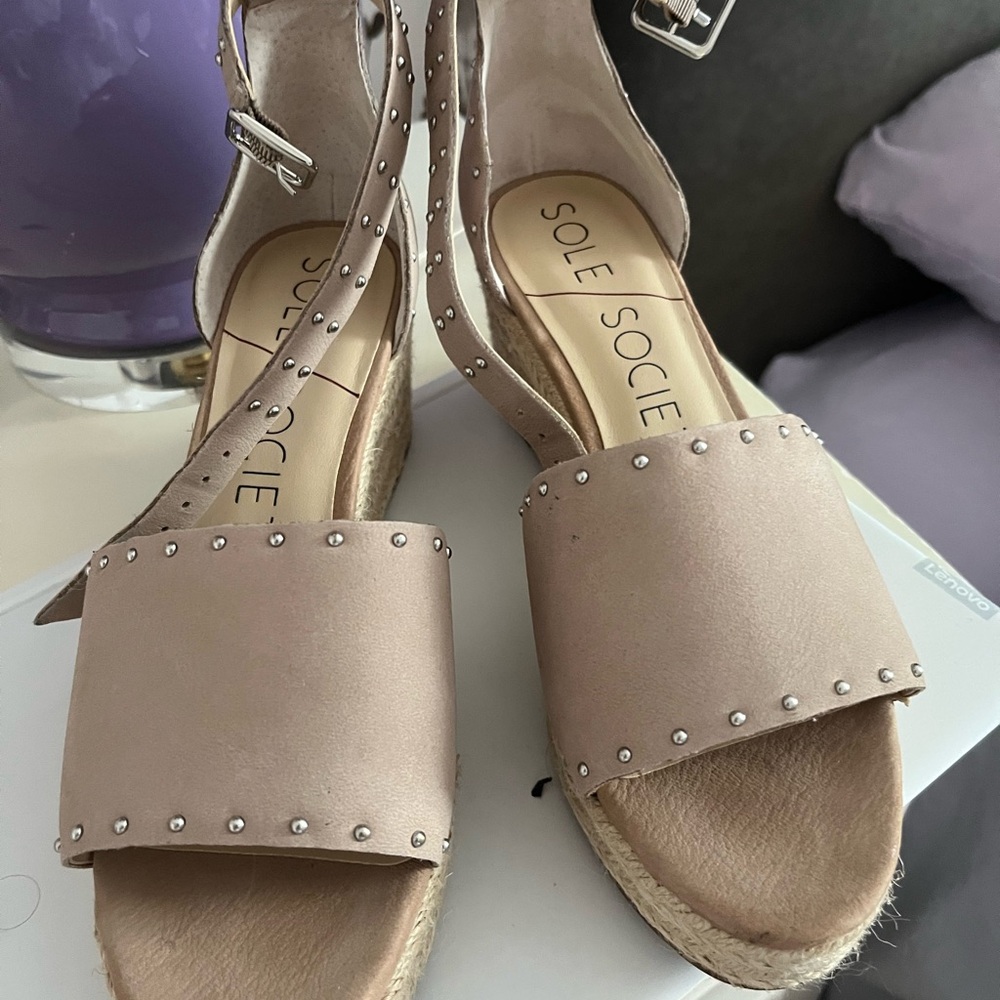 Beige Espadrilles with Studded Strap and Cork Sole